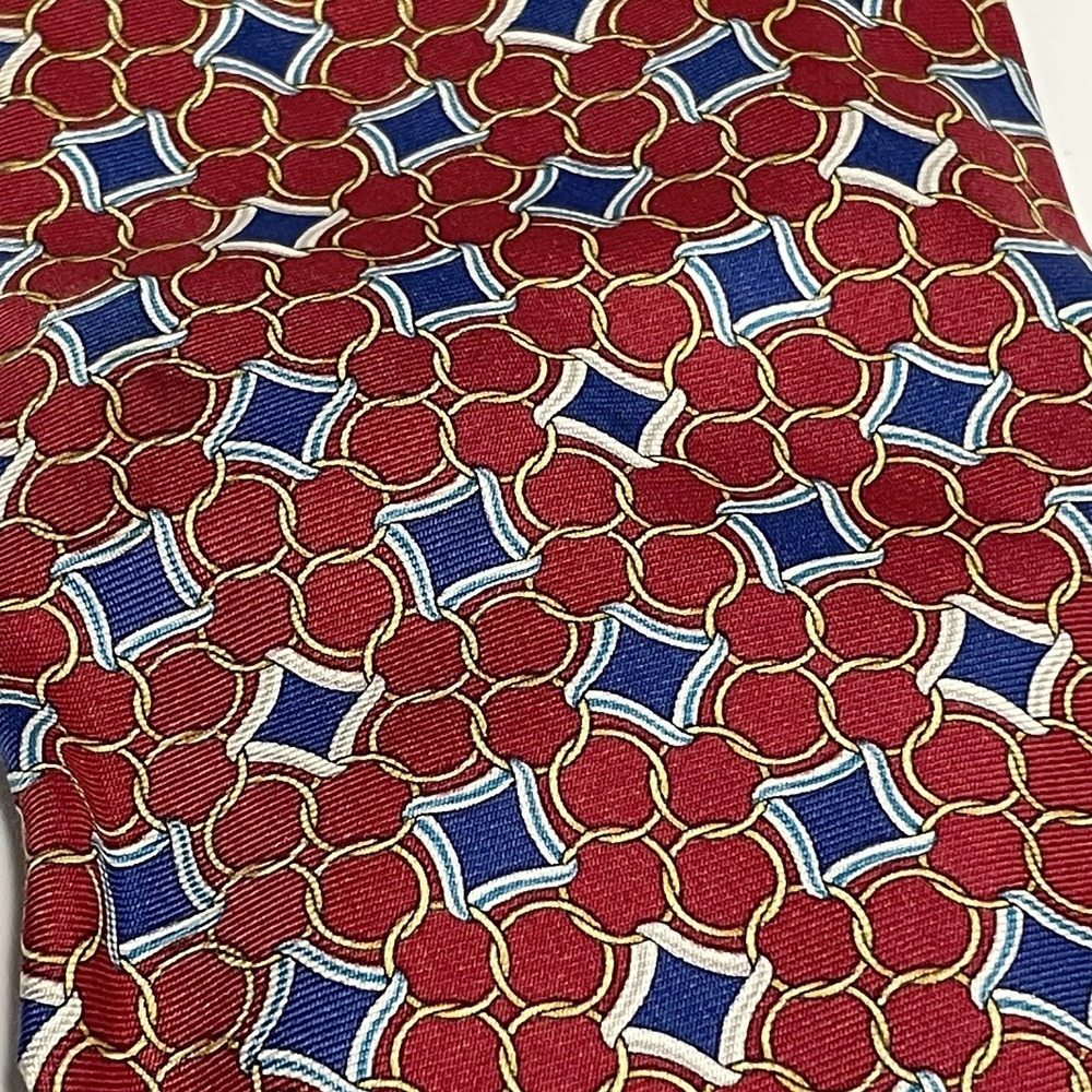 Burberry London TIE Print Tie Red Blue Geometric Gold Rings Necktie Men Silk